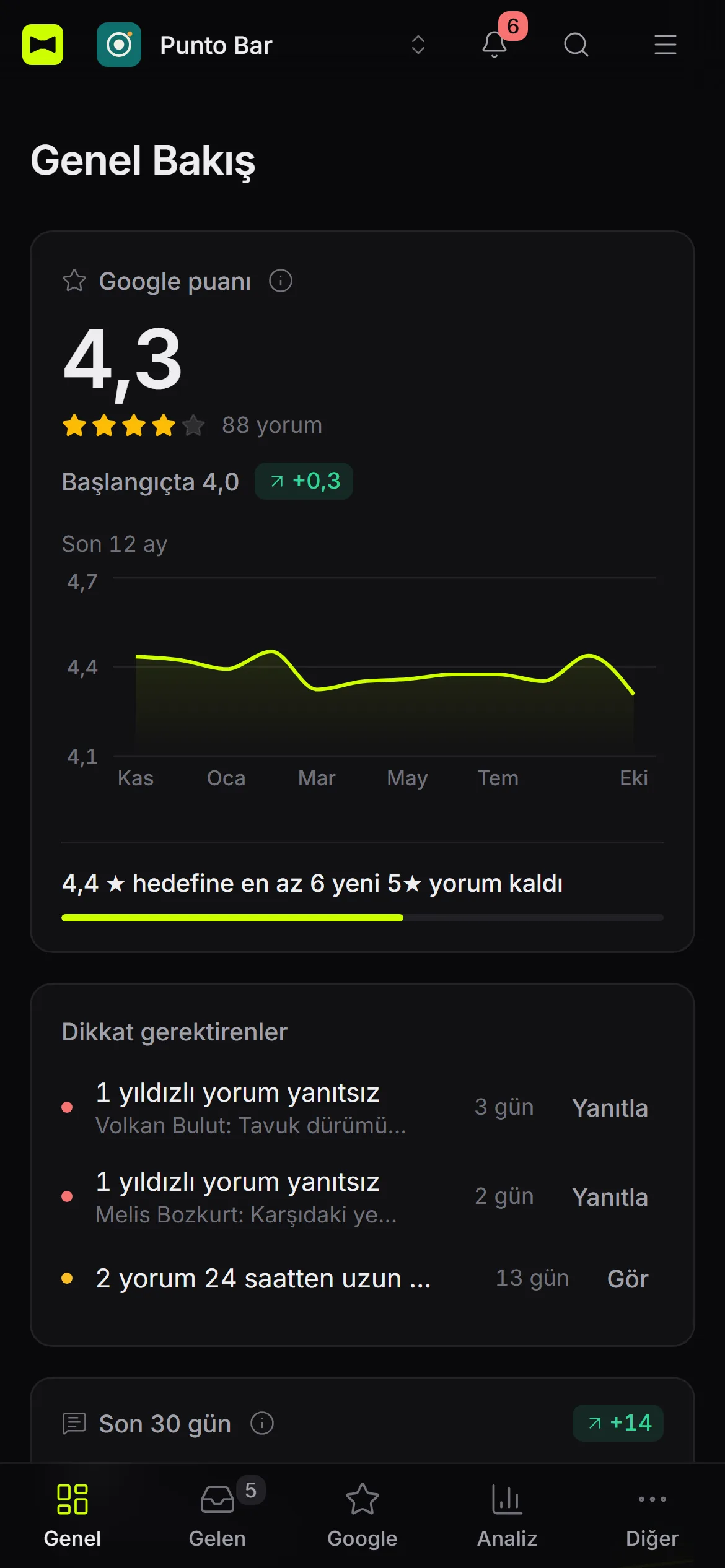 Telefonda Genel Bakış: 4,3 Google puanı, son 12 ayın puan grafiği, 4,4 hedef şeridi ve Dikkat gerektirenler. Altta Genel, Gelen, Google, Analiz ve Diğer sekmeleri.