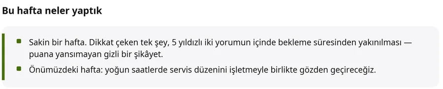 Raporun ikinci sayfasından ekip notu: 5 yıldızlı iki yorumun içindeki bekleme şikâyeti ve önümüzdeki hafta servis düzeninin gözden geçirileceği.